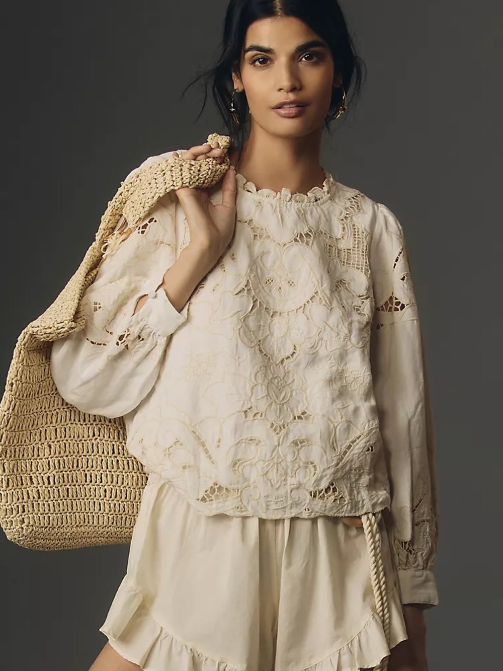 Anthropologie Long-Sleeve Lace Cutwork Blouse